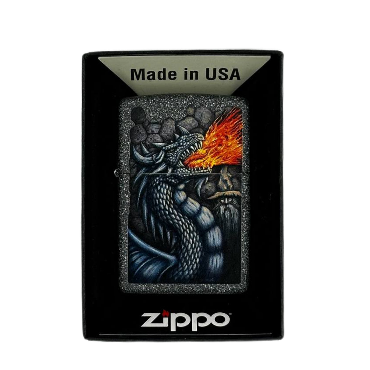 ZIPPO/49776 Fiery Dragon покр.Iron Ston, лат/сталь, серая,  матов.