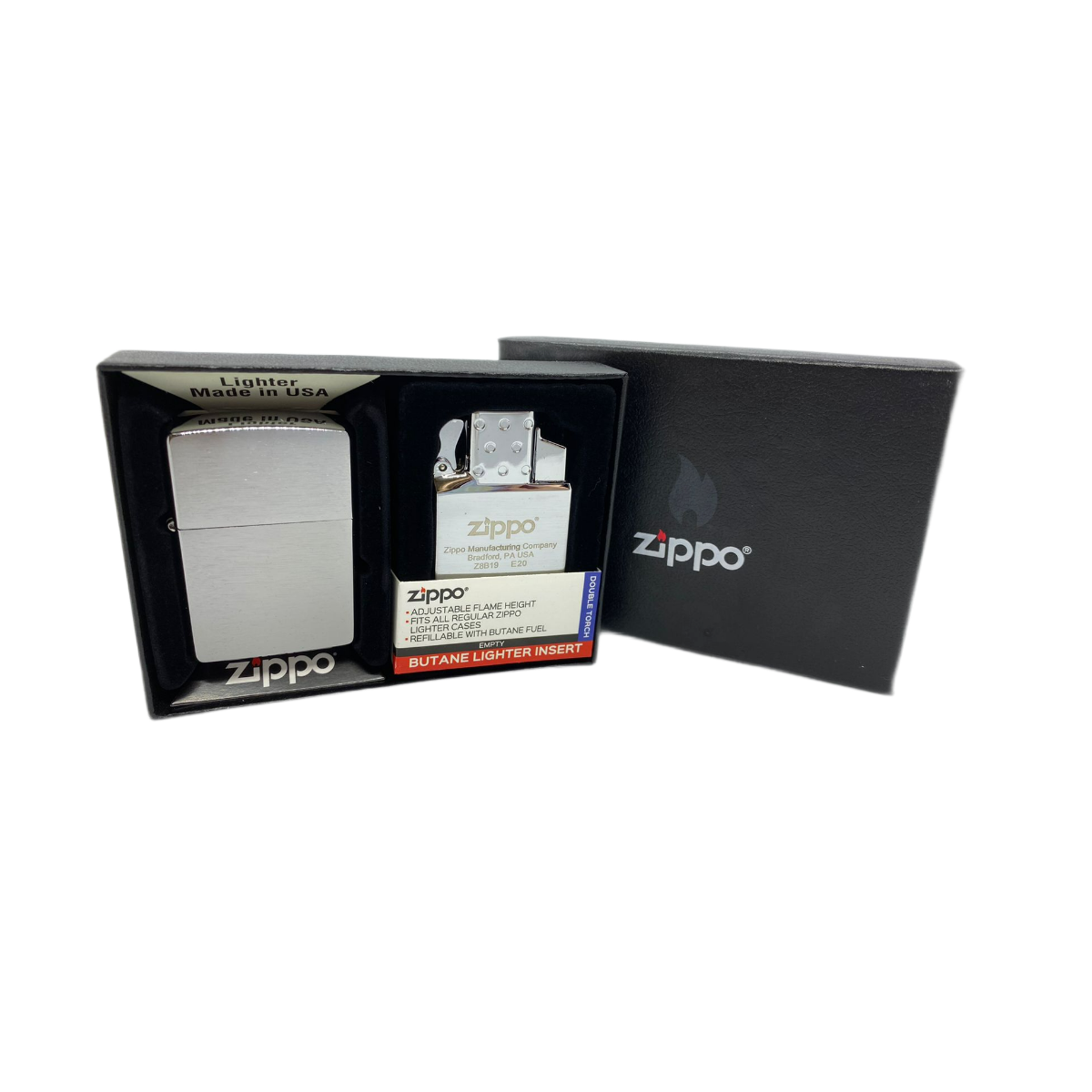 ZIPPO набор/205-090201 заж. 205 с покр. Satin Chrome™ и газ.блок с дв/плам.,  в подар. кор.